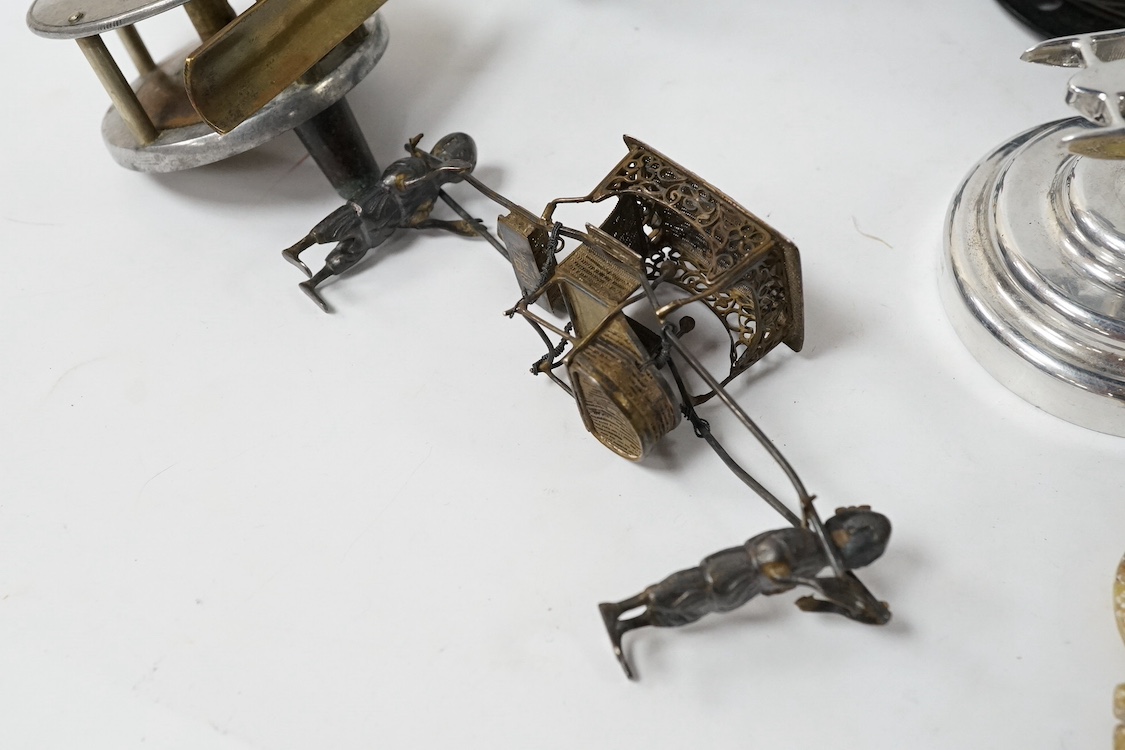 Sundry items comprising five fishing reels, a Chinese silver sedan chair and a Chinese jade comb. Condition - mostly fair